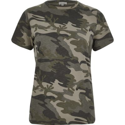 Khaki camo print fitted t-shirt